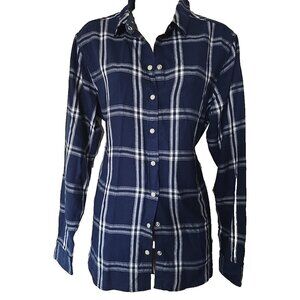 New Jachs Girlfriend NY Navy/White Flannel Shirt sz M Plaid Snaps Down
